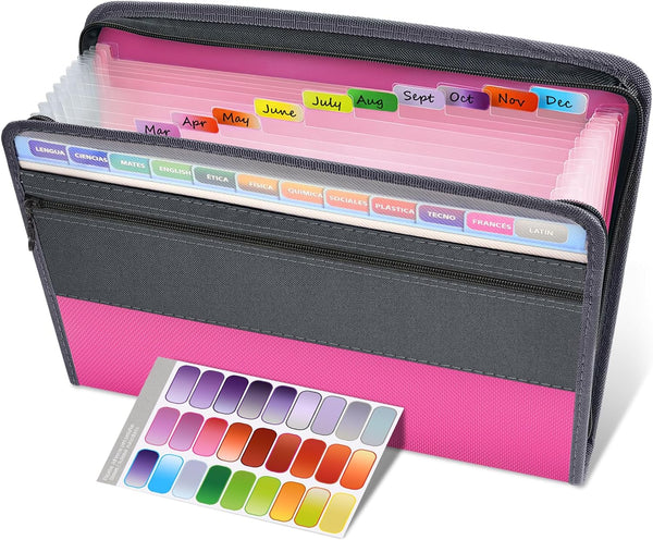 Sooez Accordion File Organizer with Zipper, 12 Pocket Expanding Folder, Portable Monthly Organizer, Pink