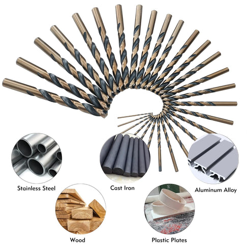 29Pcs Cobalt Drill Bit Set, 135 Degree Tip High Speed Steel, Black and Gold Finish, Metal Indexed Storage Case