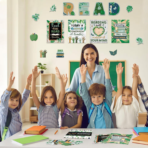 Zonon 45 PCS Eucalyptus Reading Bulletin Board Poster, Boho Greenery Motivational Prints for Teachers