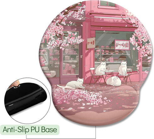 Cat Ergonomic Mouse Pad with Wrist Rest, Pink Cherry Blossom Design, Non-Slip Pain Relief Base, Cute Office Decor