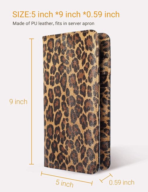 Server Book for Waitress - 5x9 Leopard Magnetic Closure Wallet with Zipper Pocket and Money Pouch