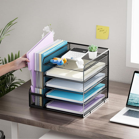 Marbrasse Desk Organizers and Accessories, 5-Tier Paper Letter Tray Organizer with File Holder, Mesh File Organizer for Desk, Office Desk Accessories & Organization for Supplies (Black) by Marbrasse