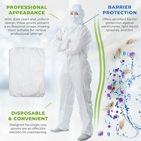 Pack 5 60 AMZ Medical Supply White Disposable Coveralls with Hood, Large. of Microporous Lab Coveralls for Men