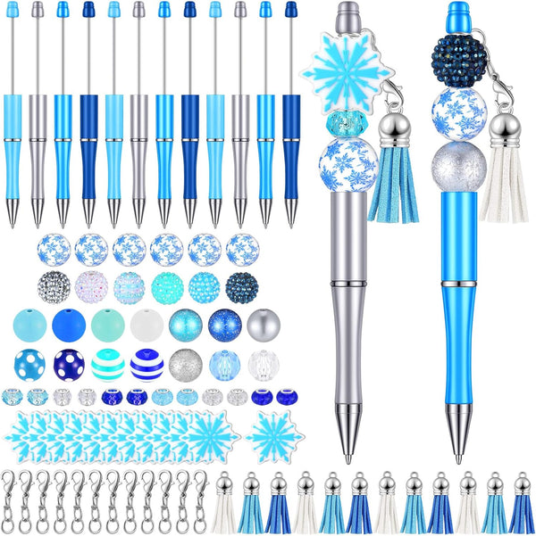 Jutom 12 Pcs Snowflake Christmas Beadable Pens Kits, Include 50 Pcs Colorful Beads, Assorted DIY Making Pens Set