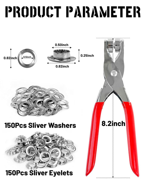 150Pcs Grommet Tool Kit, Leather Hole Punch Pliers with 150 Silver Metal Eyelets for Shoes, Fabric, Belts