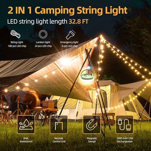 32.8' 6 IPX4 GHORA Camping String Lights, Outdoor USB Rechargeable with Remote Control - Modes Waterproof Portable Warm