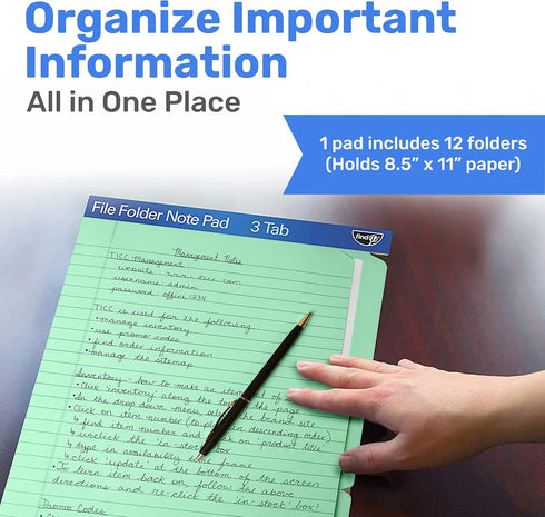 Find It File Folder Notepad - Pack of 12, 9.5 x 12.5 Inch Notebook Organizer for Filing and Document