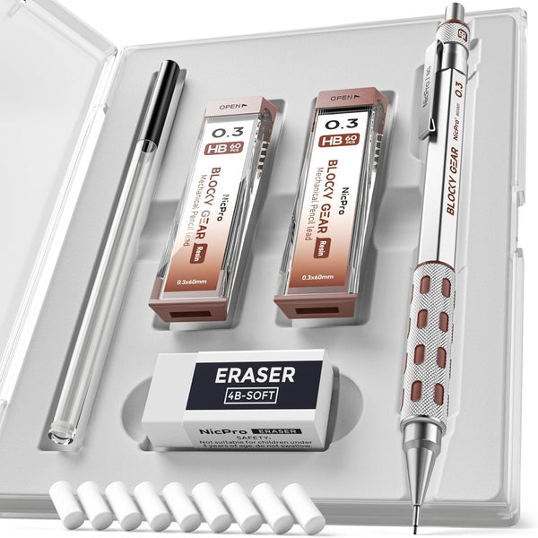 Nicpro Blocky Gear 0.3 mm Mechanical Pencils Set with Case, Metal Pencil, Lead Refills, Eraser for Drawing