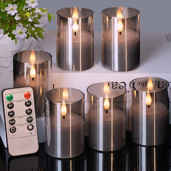 VIODAIM 6Pack Glass Flickering Flameless Candles with Remote, 2"X3" Real Wax Votive