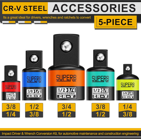Aiourx 5-Piece Set, 1/4", 3/8", 1/2" Impact Socket Adapter Socket Converter&Reducer, Cr-V Steel, Impact Driver & Wrench