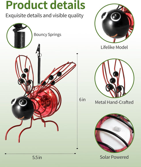 Solar-Powered Hanging Metal Ladybug Light, Garden Decor, Ladybug Sculpture with Bouncy Springs, Summer Outdoor Art