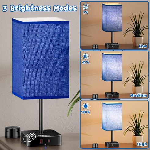 Bedside Lamp & Desk Lamp with Remote, Touch Control, USB-C/A Ports + Outlets | Blue Fabric Shade Nightstand Table Lamp