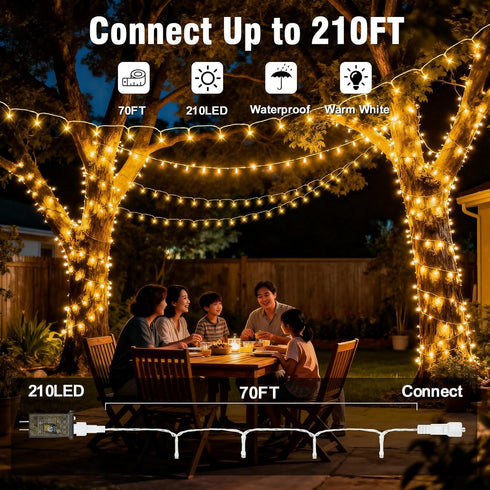 210 70FT LEDs Warm White LED String Lights Transparent Wire, Waterproof & Connectable Christmas Tree Lights for Indoor