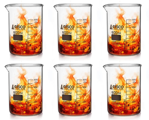 EISCO 6PK Beakers - 600mL Low Form with Spout, White Graduations, Borosilicate 3.3 Glass
