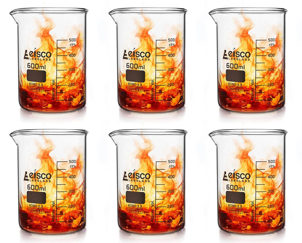 EISCO 6PK Beakers - 600mL Low Form with Spout, White Graduations, Borosilicate 3.3 Glass