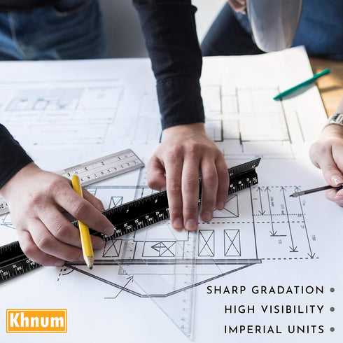 Khnum 12-Inch Set Architectural and Engineering Scale Ruler (Imperial) | Laser-Etched Aluminum Triangular Drafting Tool