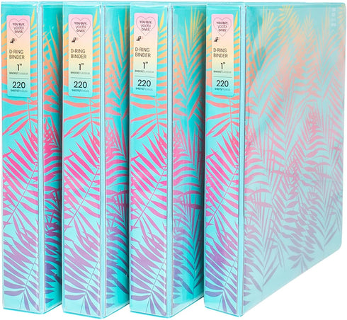Yoobi 1 Inch Binder Set, 3-Ring Binders with 2 Pockets, Holds up to 220 Sheets, 4 Pack, Palm Leaves