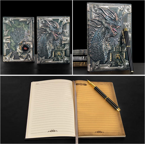 DND Dragon Notebook - 3D Embossed Leather Journal with Black Ballpoint Pen & Sleeve, A5 Vintage Travel Diary