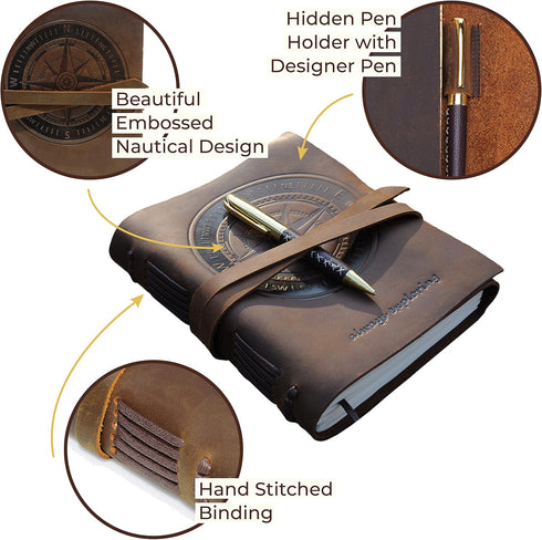 Leather Bound Journal for Men and Women, Handmade Gift Set with Nautical Compass Embossed Journal and Stylish Pen
