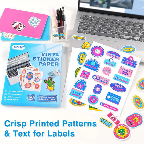 -60 8.5"x11" QYH Premium Printable Vinyl Sticker Paper for Inkjet Printers Sheets Glossy Waterproof Paper