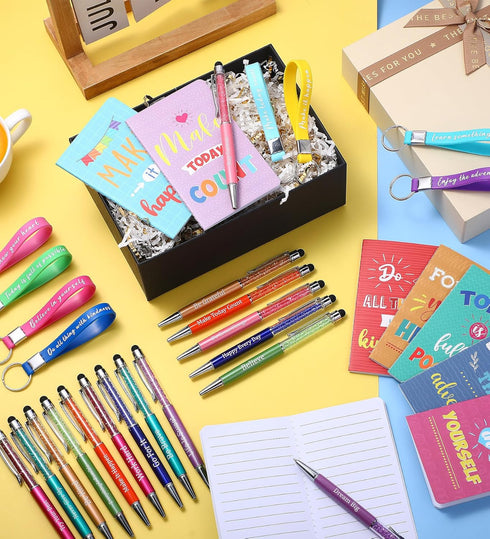 PerKoop 48 Pcs Inspirational Gifts Set, Motivational Notepads, Ballpoint Pens, Keychains, Cute Colorful Journals