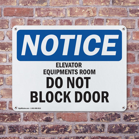 (2 Pack) Elevator Equipment Room Do Not Block Door OSHA Notice Sign, 18 Inch X 12 Inch Aluminum