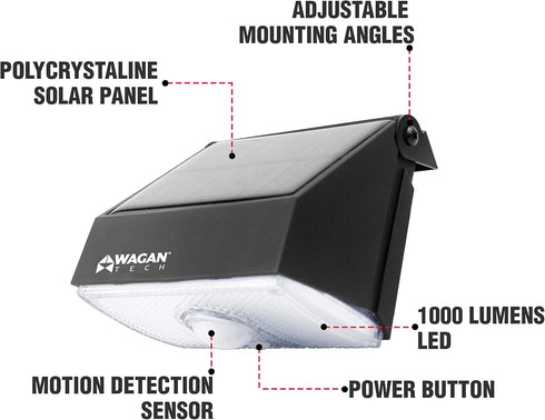 EL8570 1000 Wagan Lumens Outdoor LED Solar Wall Light Waterproof Motion Detected Light, Black