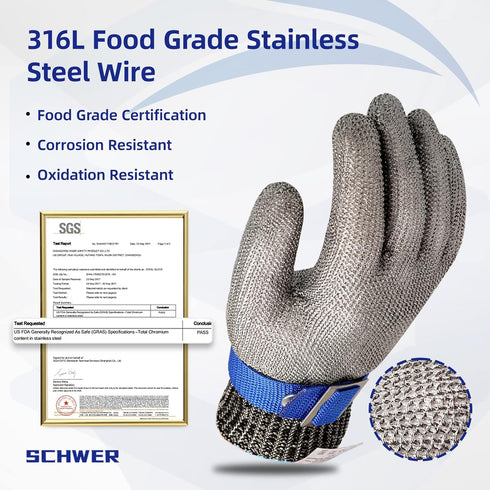 Schwer SlicePro ANSI A9 Cut Resistant Glove PR1706, Stainless Steel Mesh, Food Grade for Kitchen Cooking (L, 1 PCS)