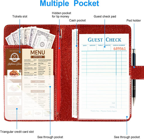 Server Book for Waitress,Leather Waiter Book Organizer with Zipper Pocket, Bling Waitress Money Wallet and Pen Holder