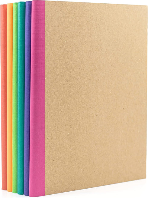 PAPERAGE 6-Pack Composition Notebook Journals, 120 Pages, Kraft Cover with Rainbow Spines, Small Size, 8 x 5.75 in
