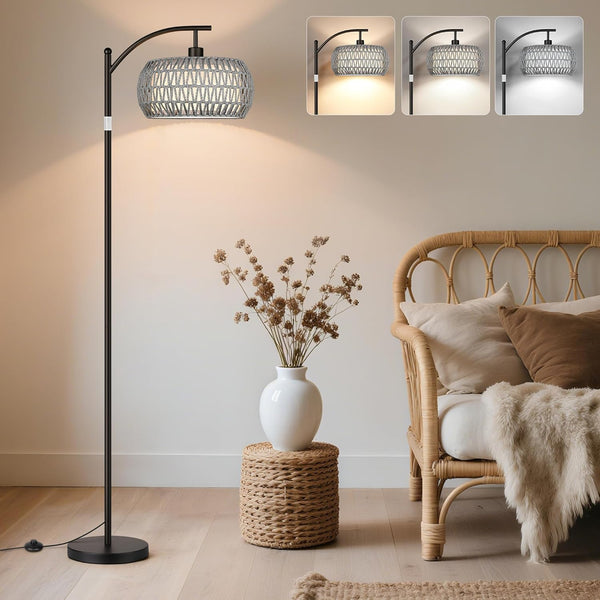 Rattan Floor Lamps for Living Room, Boho Standing Lamps with Grey Rattan&