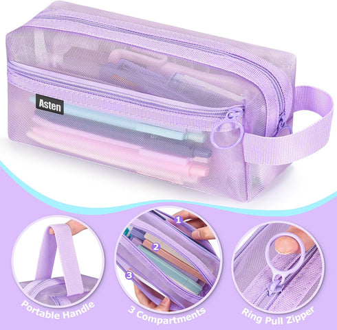 Clear Pencil Case with 12 Colors Highlighter, 5 Quick Dry Retractable Black Ink Pens, 6 Mechanical Pencils, 6-in-1