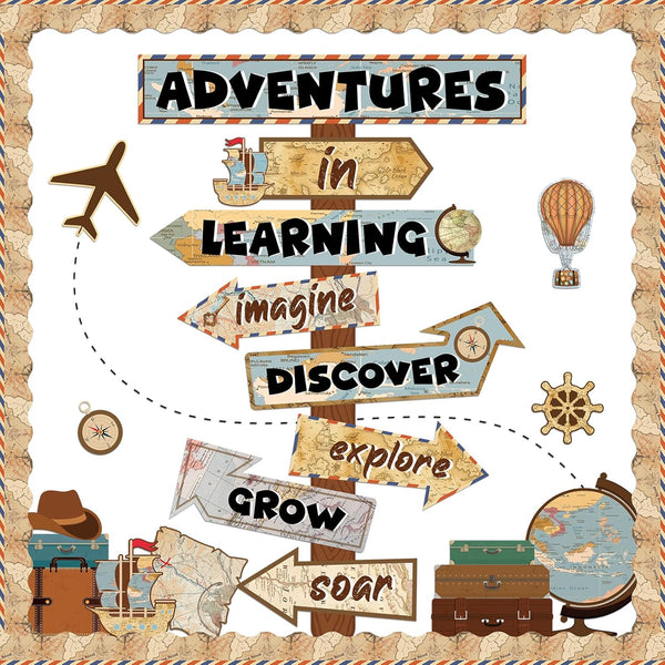 Travel The Map Bulletin Board Cutouts with Motivational Sign for Kids Let's Explore Voyage Classroom Decor