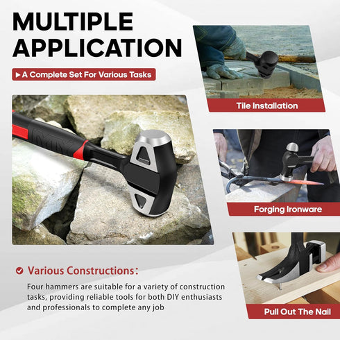 4-Piece Hammer Set 2LB 24oz 20oz 3LB Sledgehammer YIYITOOLS - Dead Blow, Ball Peen, Claw, - One-Piece Carbon Steel