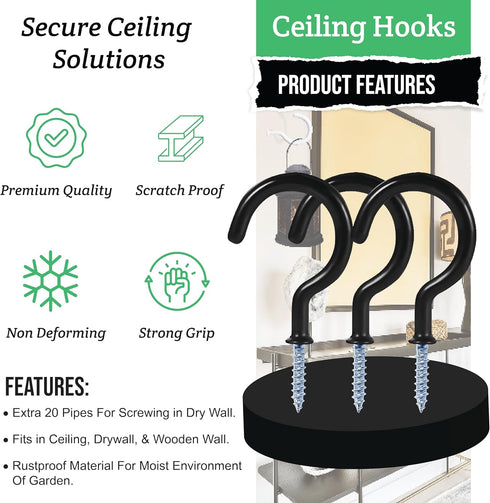 30 pcs Ceiling Hooks for Hanging Plants, Cups, and Utensils - Black Vinyl Coated Screw-in Hooks
