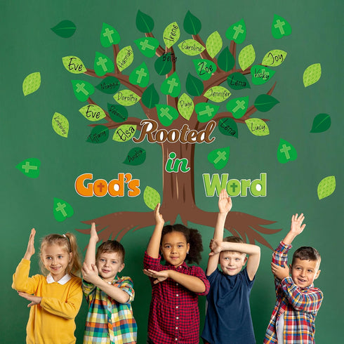 CY2SIDE Leaves Bible Tree Cutouts - 86PCS Rooted in God’s Word Bulletin Board Set for Sunday School Decor