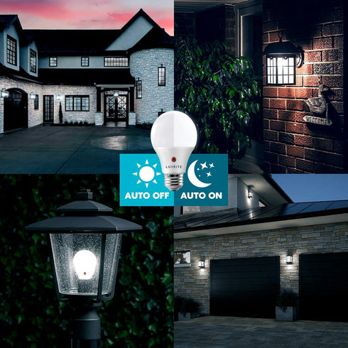 LUXRITE A19 LED Dusk to Dawn Light Bulbs, 60 Watt Equivalent, Automatic On Off Sensor, 5000K Bright White, 4 Pack