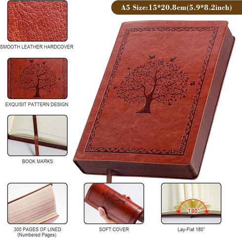 Leather Journal Notebook,300 Pages Hope Tree Softcover Lined Notebook for Women Men,300 Travel,Business,Work,Office,School Note Taking,5.7'' X 8.3''(brown) by Fetinar