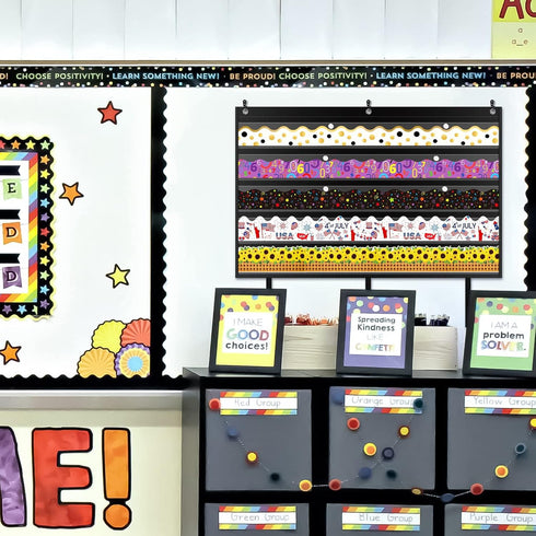 Bulletin Border Storage Pocket Chart for Classroom, Organizer with Storage Pockets for Bulletin Board (Black)