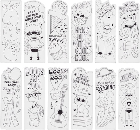 Juvale 24-Pack DIY Bookmarks for Kids & Students - Color Your Own Bookmark Kit with Book Worm Designs for Reading,