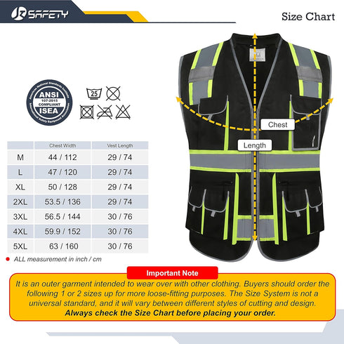 JKSafety Hi-Vis Zipper Front Black Safety Vest, 10 Pockets, Cushioned Collar, Meets ANSI/ISEA Standards