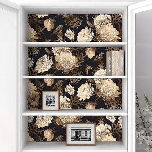 17.5x354 Inch Decotalk Dark Floral Wallpaper Peel and Stick Black Floral Wallpaper Removable Gold and Black Flower Wall