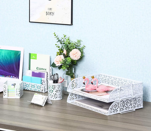 EasyPAG 5 in 1 Desk Organizer Set, 2 Tier Stackable Tray, Letter Sorter, Pen Holder, White