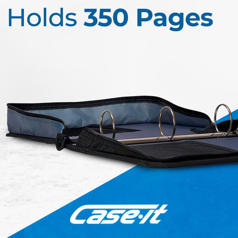 Case-it Classic Zipper Binder - 2-Inch O-Rings, 350 Sheet Capacity, Multiple Storage Pockets, Shoulder Strap
