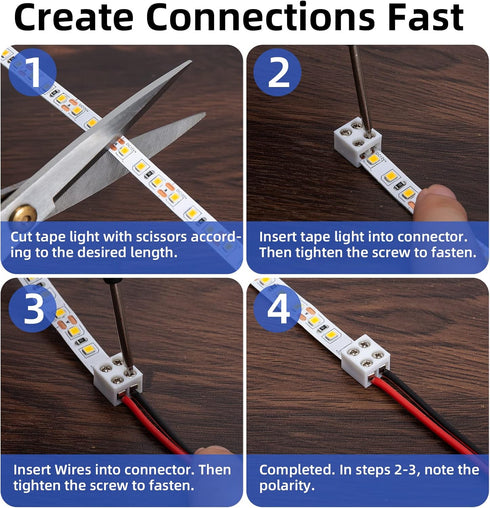2-Pin 8mm Solderless LED Strip Connectors, Reliable and Easy-to-Install Solidly Connected LED Light Connectors