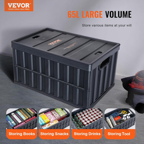 65L 3 Packs, VEVOR Collapsible Storage Bins with Lids Stackable Utility Crates with Handles, Large Folding Containers