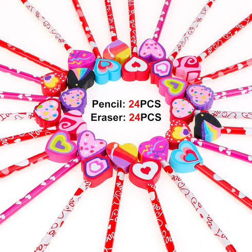 Konsait 2 Dozen (24) Valentine Pencils Assortment with Giant Eraser Topper Decorated with Love Hearts, Candies, Stars