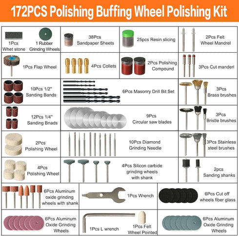 172PCS 1/8-inch Shank Power Rotary Tool Accessories Kit- Includes Carving Bits, Drill Bits, Sanding Drums and Discs, Grinding Stones, Buffing Wheels, Cutting Discs and Polishing Compound