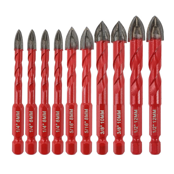 FOCSTOL 10pcs Carbide Masonry Concrete Drill Bit Set with Quick Change Hex Shank for Wood, Plastic, Foam, Tiles
