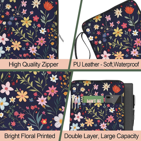 Floral Print Cute Book Sleeve, Waterproof PU Leather Travel Book Carrying Case, Book Protector Cover Bag with Zipper,